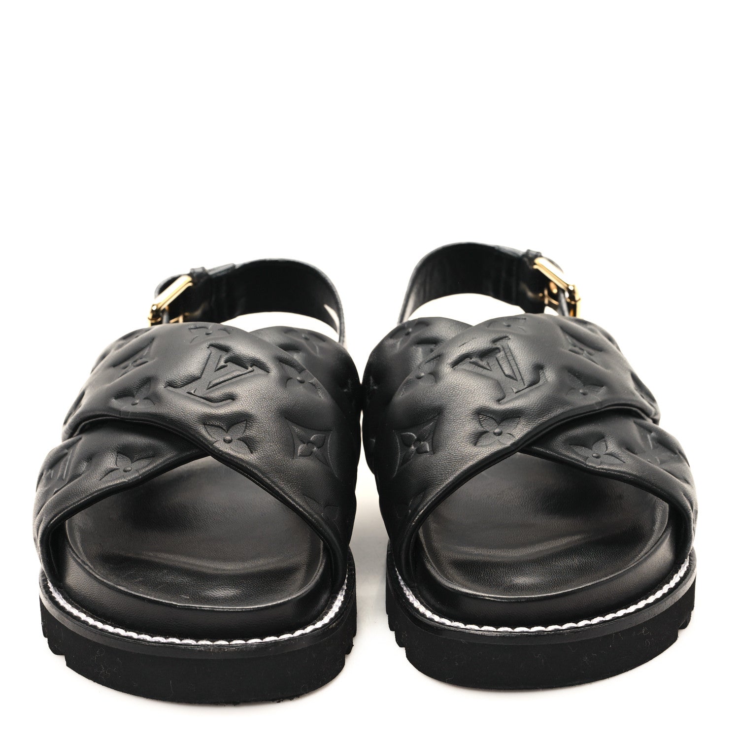 Louis Vuitton Lambskin Monogram Embossed Paseo Flat Comfort Sandals 36 Black 3 of 10