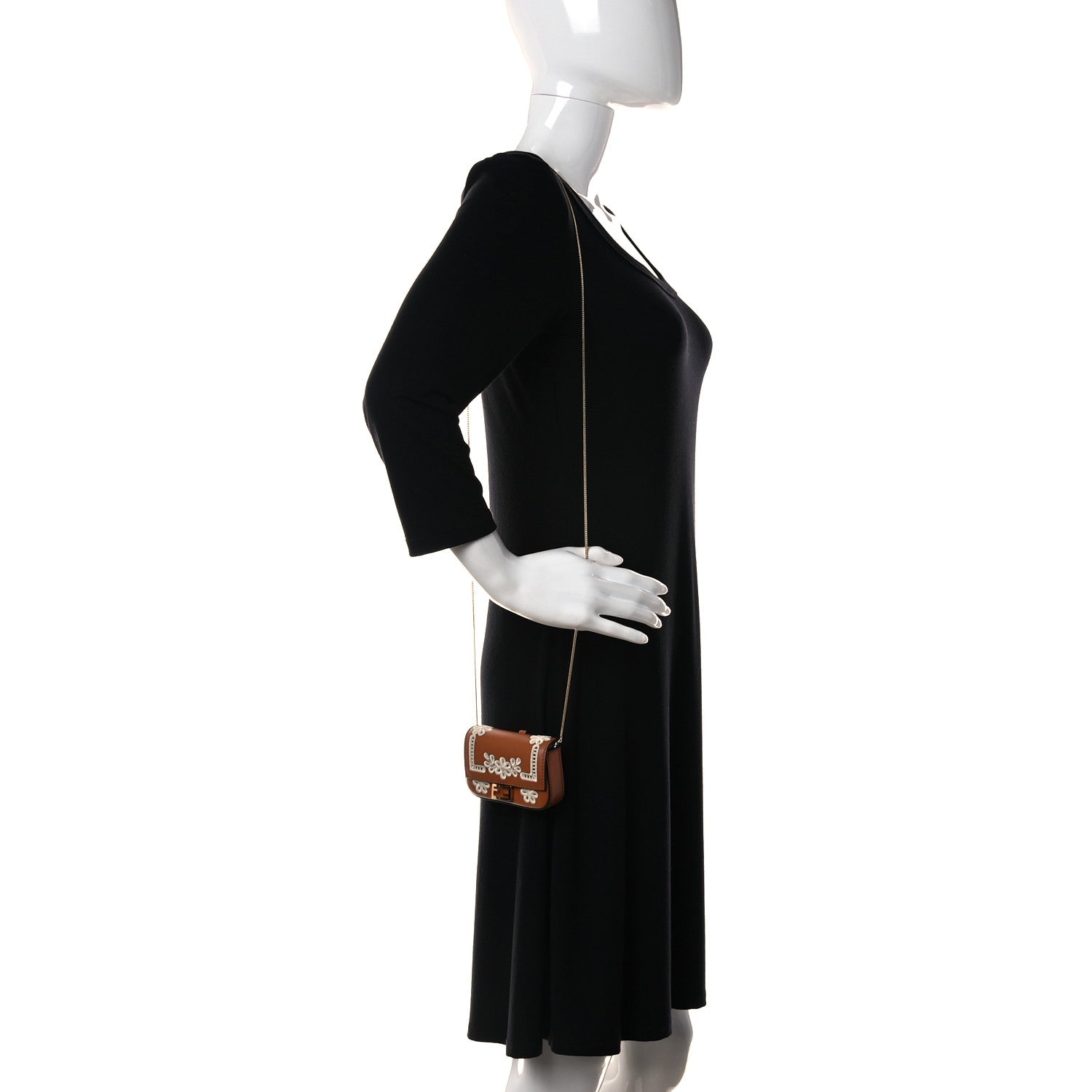 Fendi Shiny Nappa Vitello King Floral Ajour Embroidered Nano Baguette Charm Brandy 3 of 10