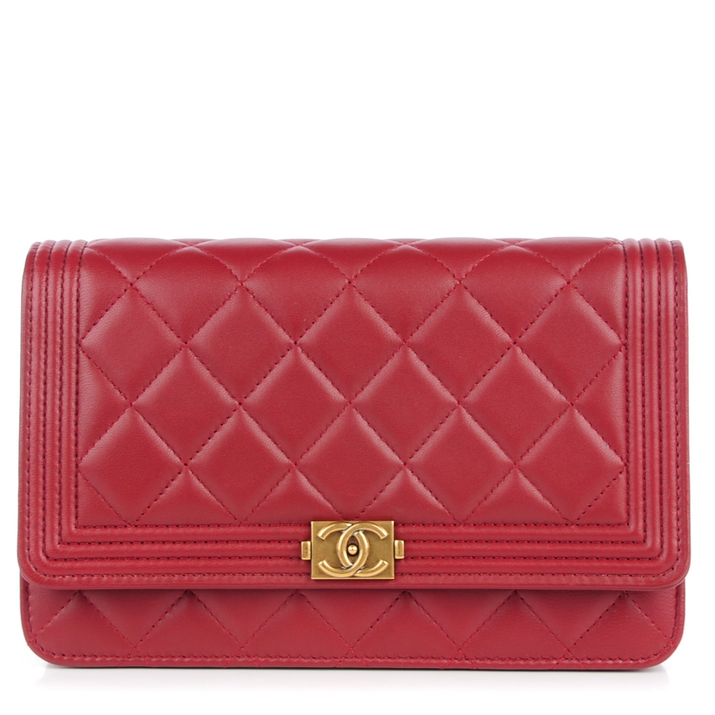 Lambskin Quilted Boy Wallet On Chain WOC Dark Red
