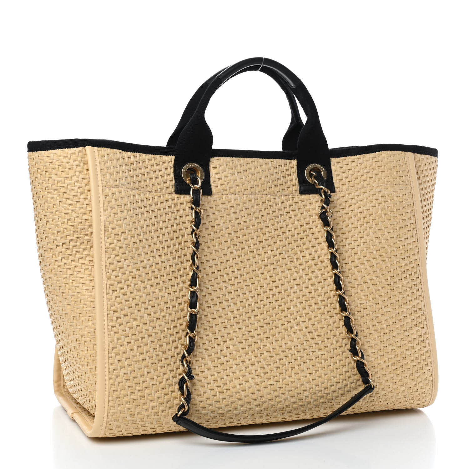 Chanel Straw Raffia Calfskin Chain Medium Deauville Tote Beige Black 3 of 9