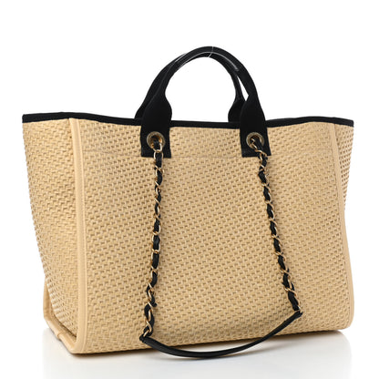 Chanel Straw Raffia Calfskin Chain Medium Deauville Tote Beige Black 3 of 9