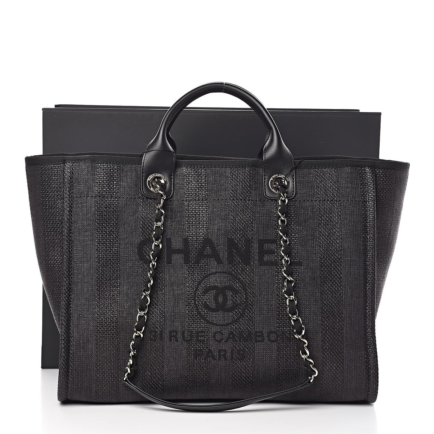 Mixed Fibers Calfskin Striped Medium Deauville Tote Black