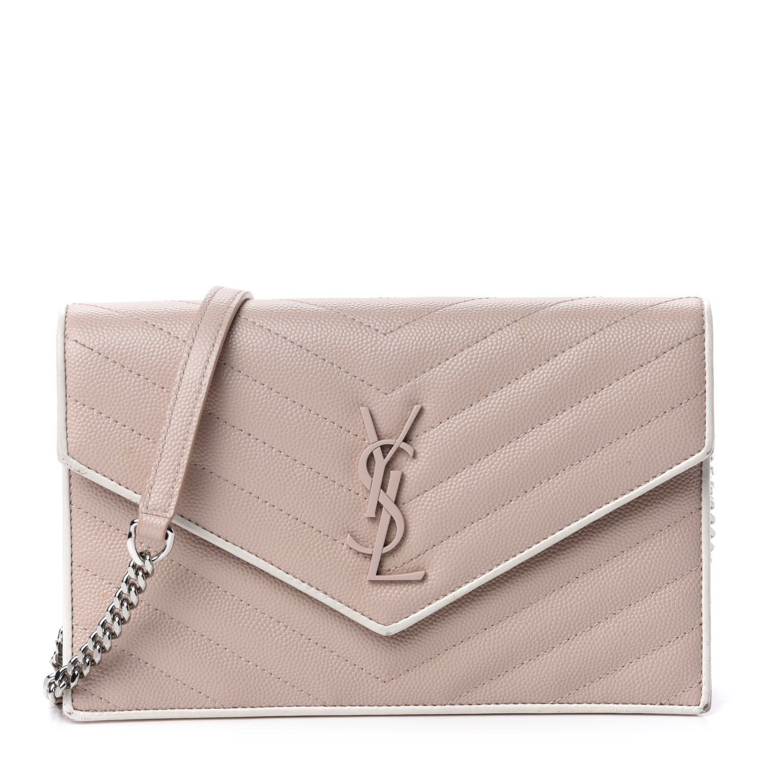 Saint Laurent Grain De Poudre Matelasse Chevron Monogram Envelope Chain Wallet Pink White 1 of 12