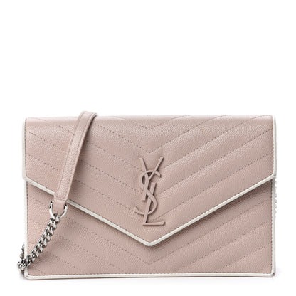 Saint Laurent Grain De Poudre Matelasse Chevron Monogram Envelope Chain Wallet Pink White 1 of 12