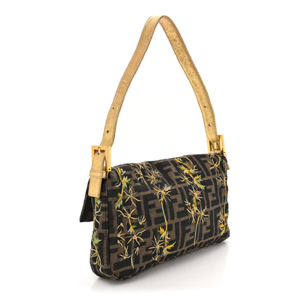 Fendi Zucca Floral Embroidered Baguette Tobacco Gold 3 of 14