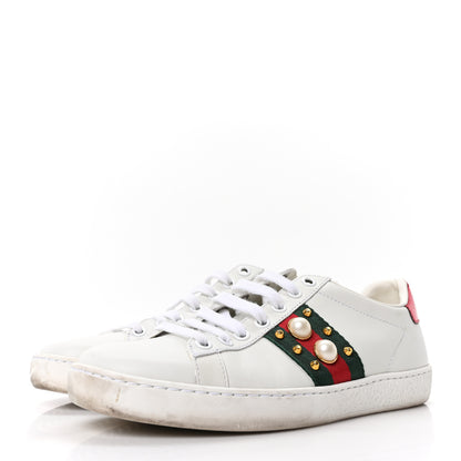 Gucci Calfskin Web Pearl Studded Womens Ace Sneakers 35.5 White 4 of 10