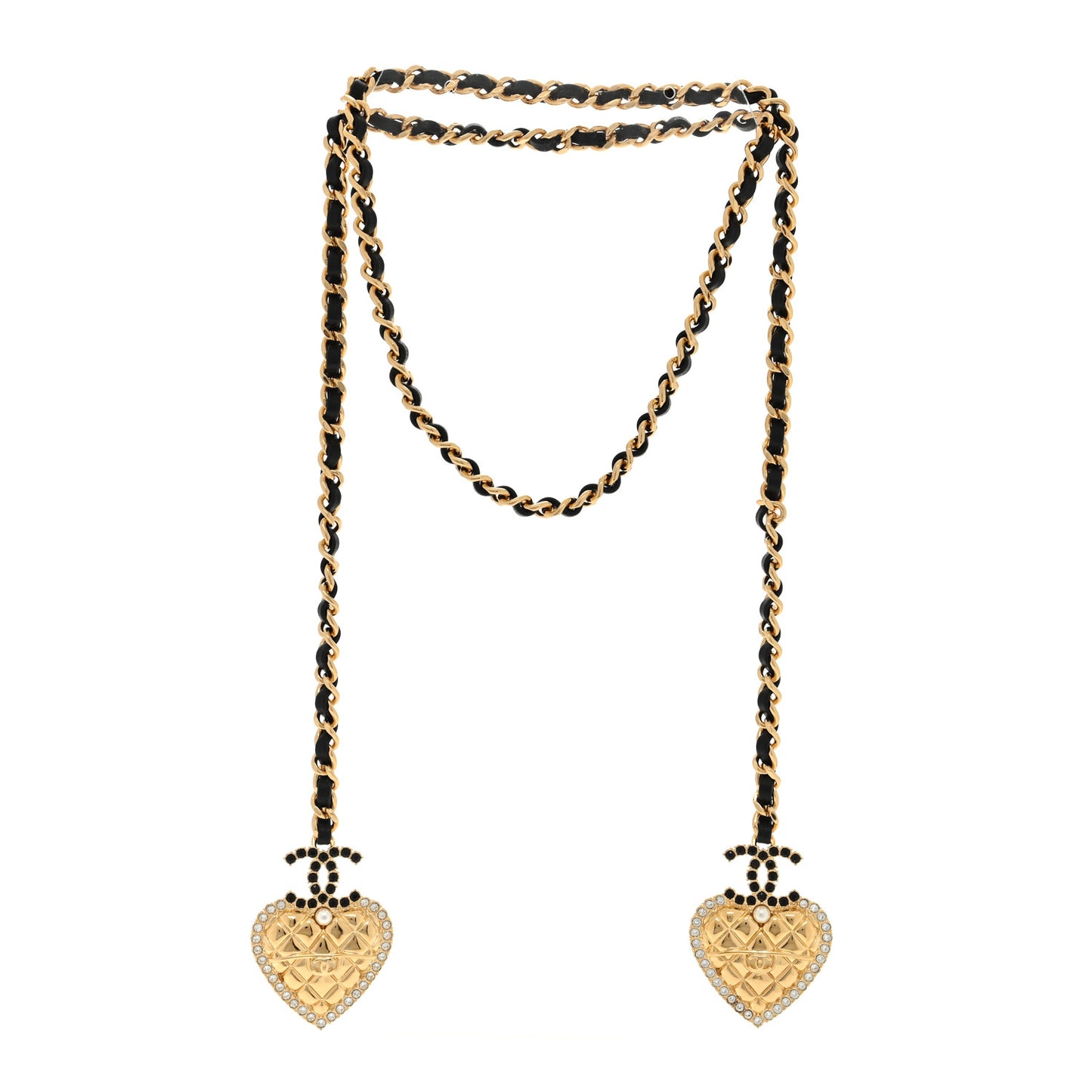 Metal Lambskin Glass Pearl Strass Heart Wrap Necklace Black Gold