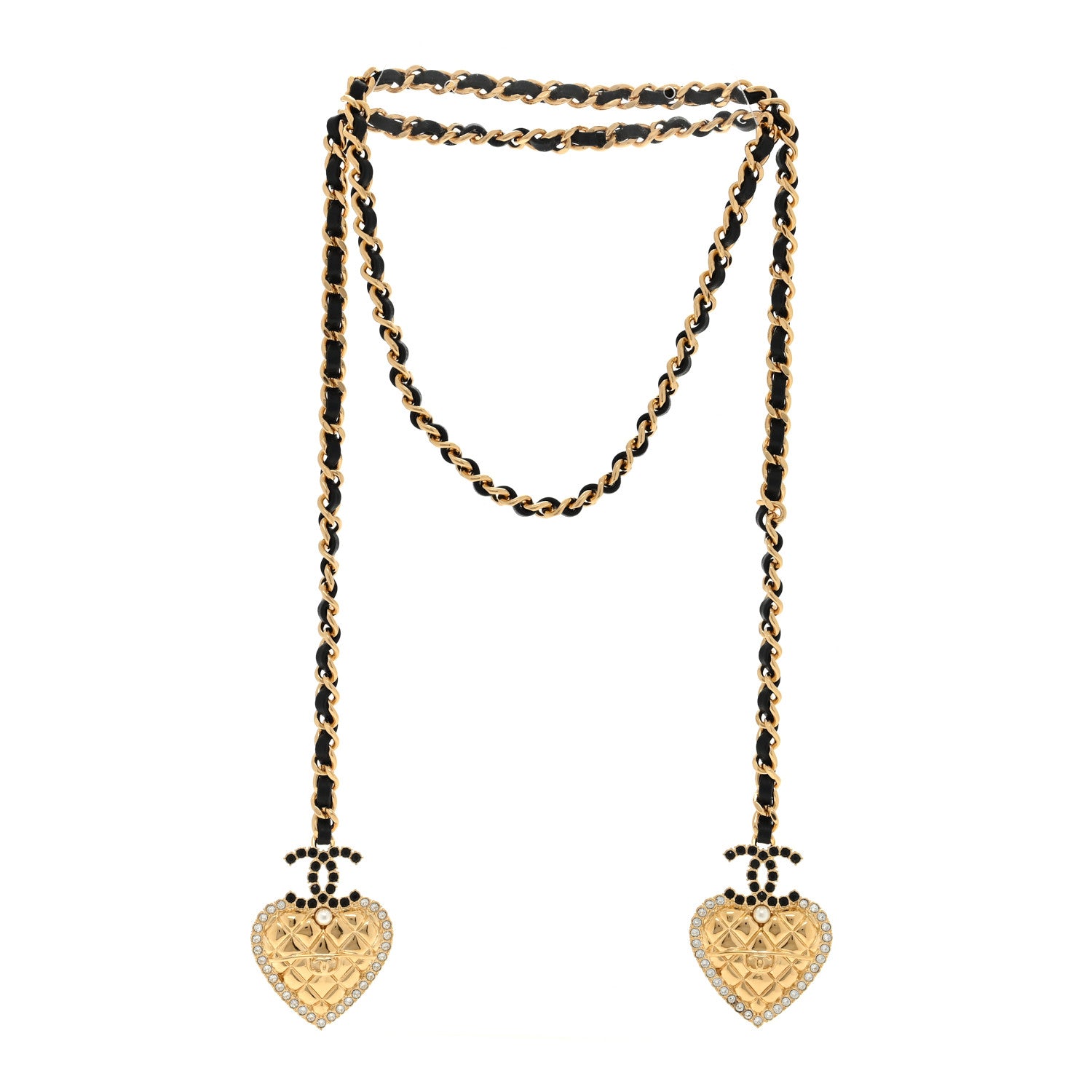 Chanel Metal Lambskin Glass Pearl Strass Heart Wrap Necklace Black Gold 3 of 5