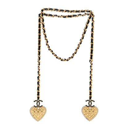 Chanel Metal Lambskin Glass Pearl Strass Heart Wrap Necklace Black Gold 3 of 5