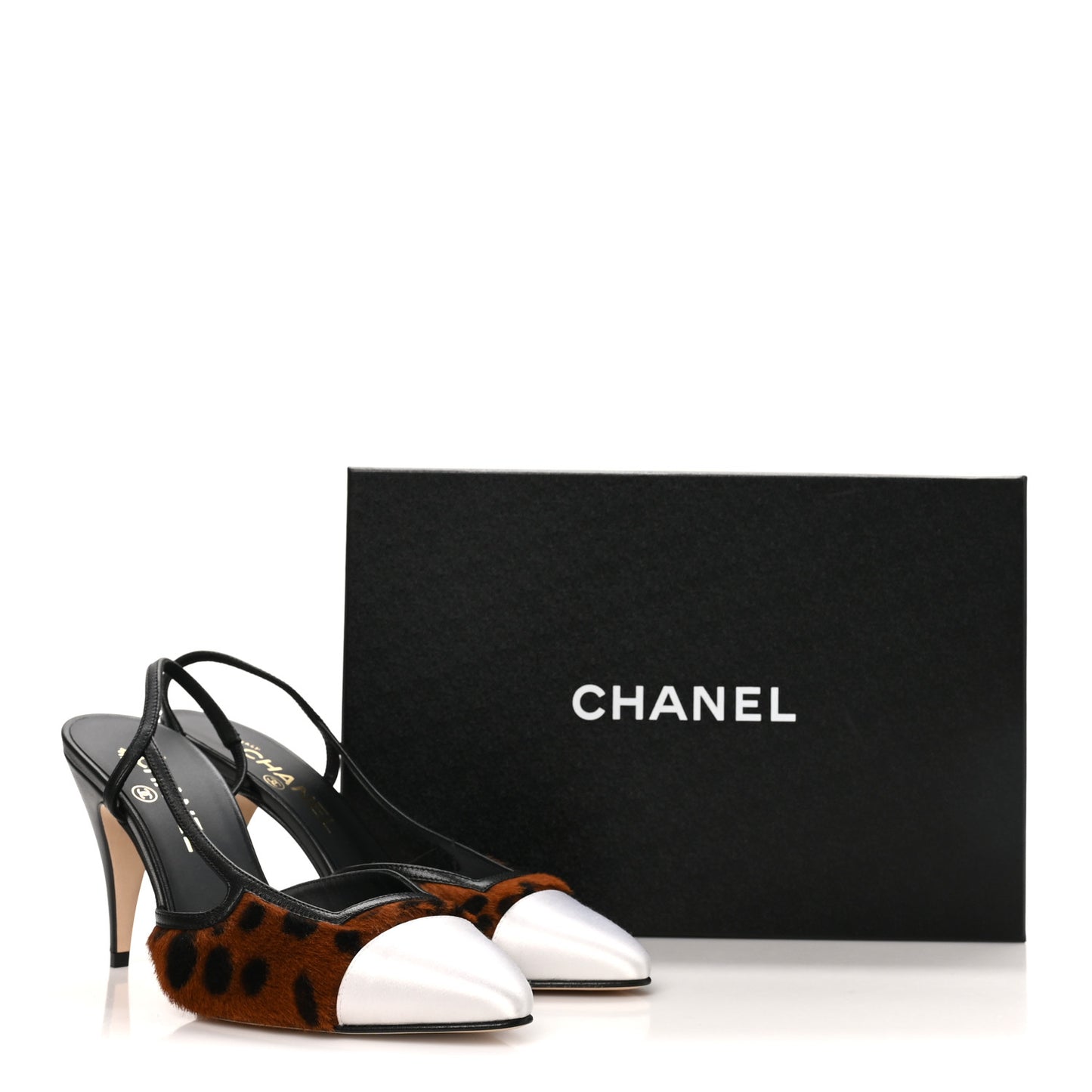 Lambskin Mixed Fibers Cap Toe CC Slingback Flats 37 Brown Black White 38 Brown Black White