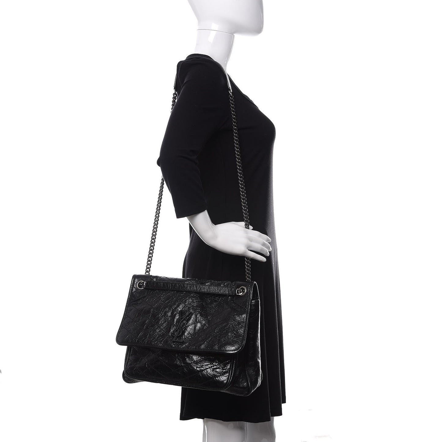 Crinkled Calfskin Matelasse Monogram Large Niki Chain Satchel Black