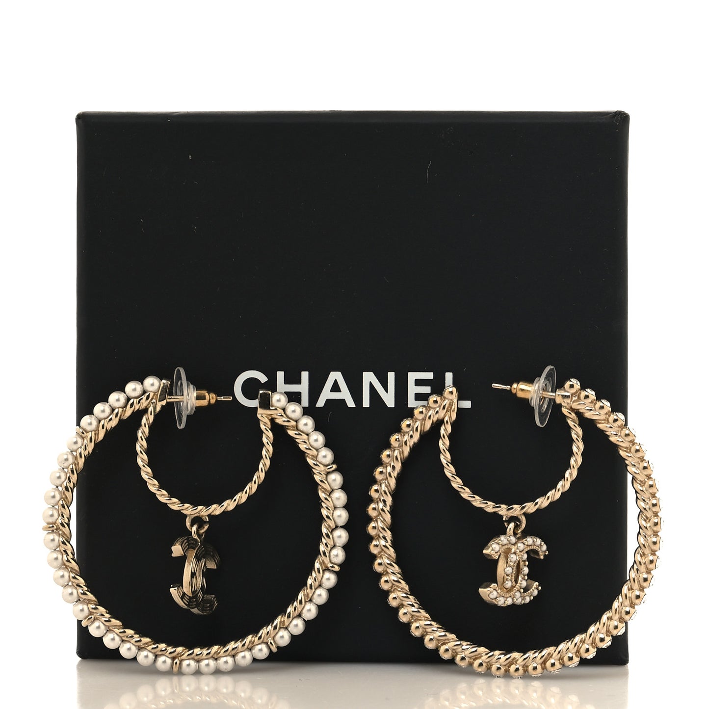 Crystal Pearl CC Drop Hoop Earrings Gold Pearly White