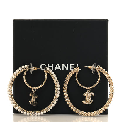 Chanel Crystal Pearl CC Drop Hoop Earrings Gold Pearly White 6 of 6