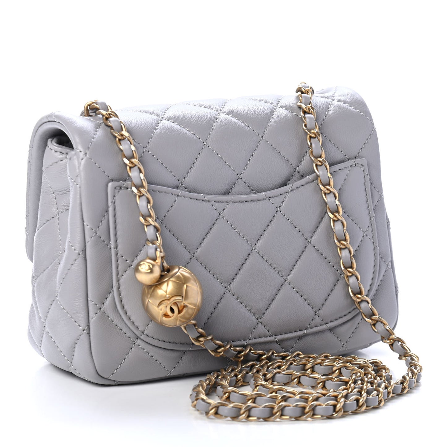 Lambskin Quilted Mini Pearl Crush Flap Light Grey