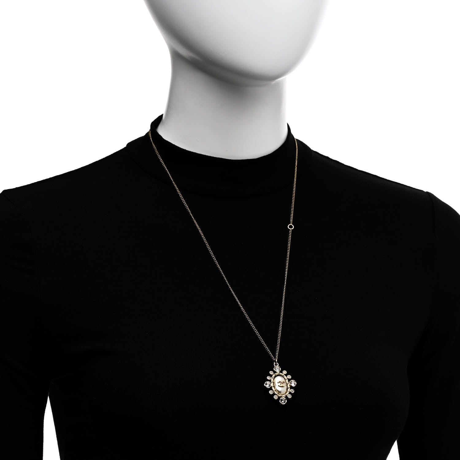 Chanel Pearl Crystal CC Pendant Necklace Gold White 2 of 5