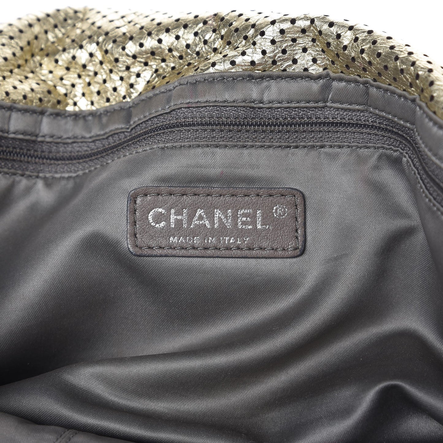 Metallic Crackled Calfskin Perforated Large Drill Flap Gold