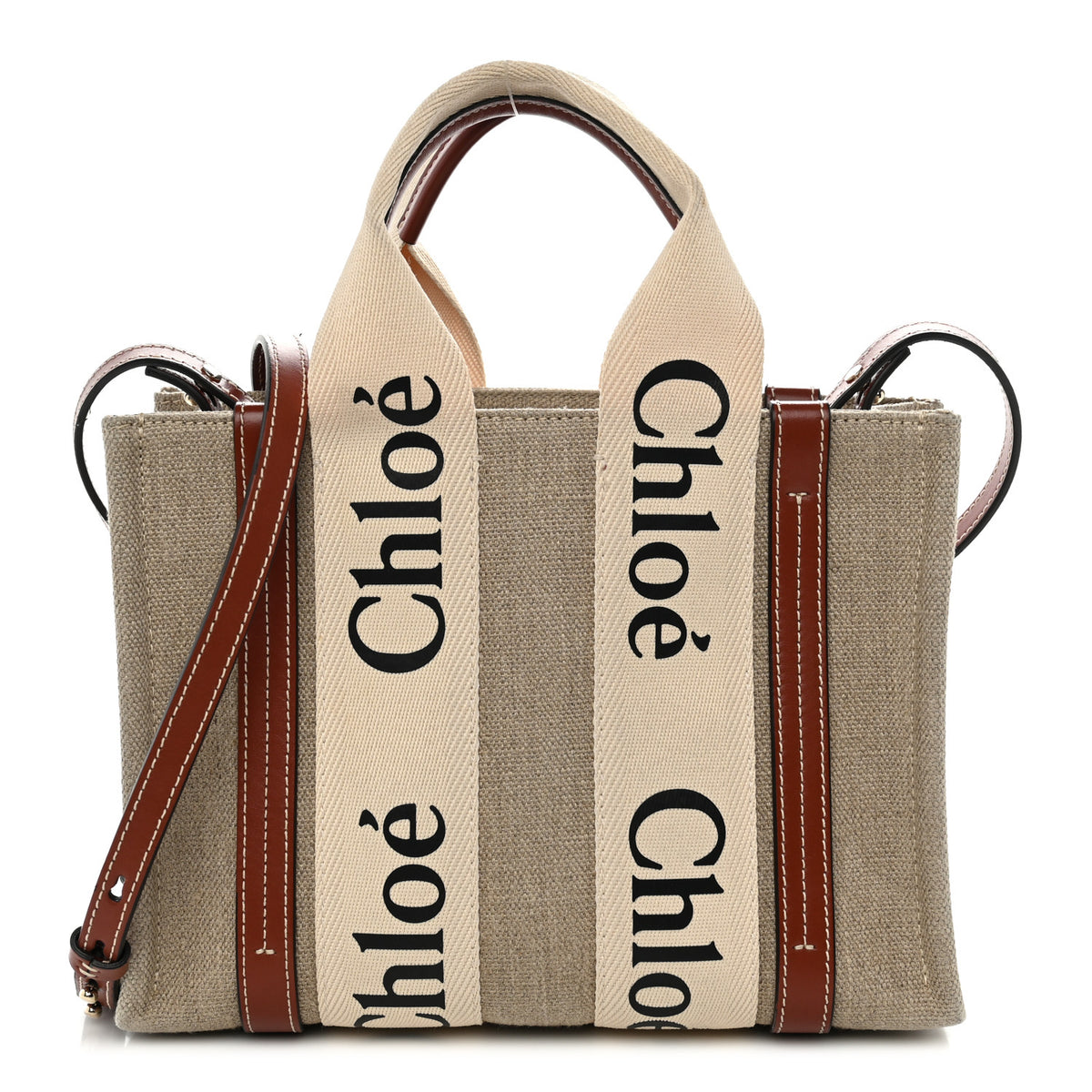Chloe Cotton Calfskin Small Woody Ribbon Tote With Strap White Brown 1 of 12