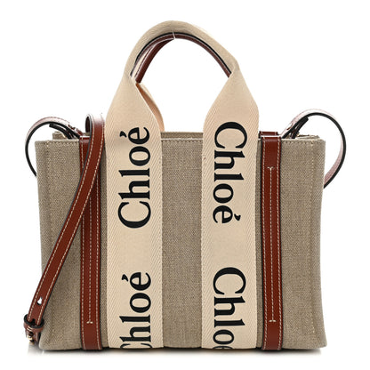 Chloe Cotton Calfskin Small Woody Ribbon Tote With Strap White Brown 1 of 12