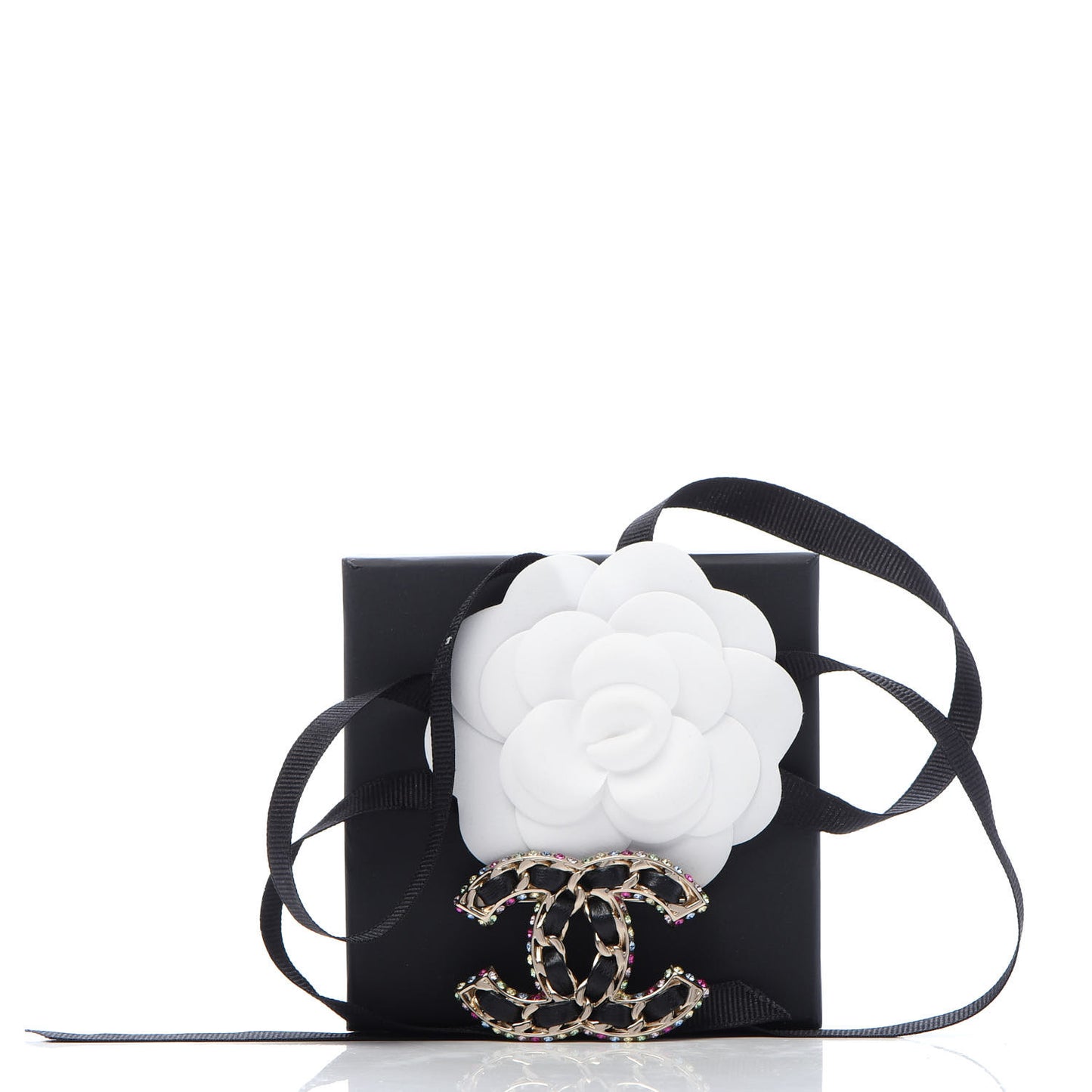 Lambskin Crystal CC Chain Brooch Black Gold Multicolor