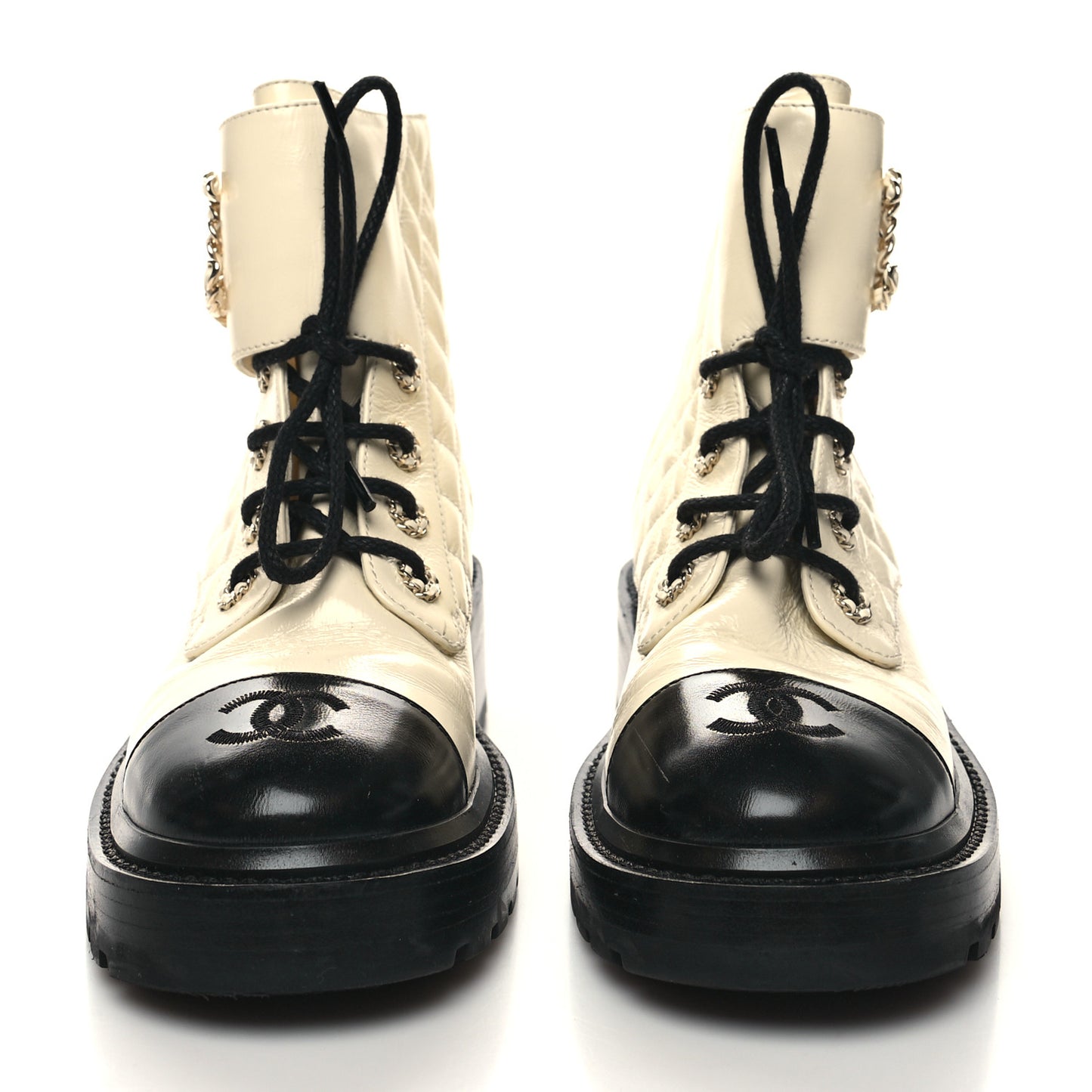 Shiny Calfskin Quilted Lace Up Combat Boots 37.5 Ivory Black