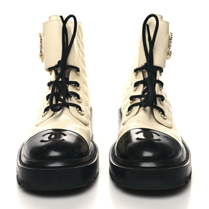 Chanel Shiny Calfskin Quilted Lace Up Combat Boots 37.5 Ivory Black 2 of 9