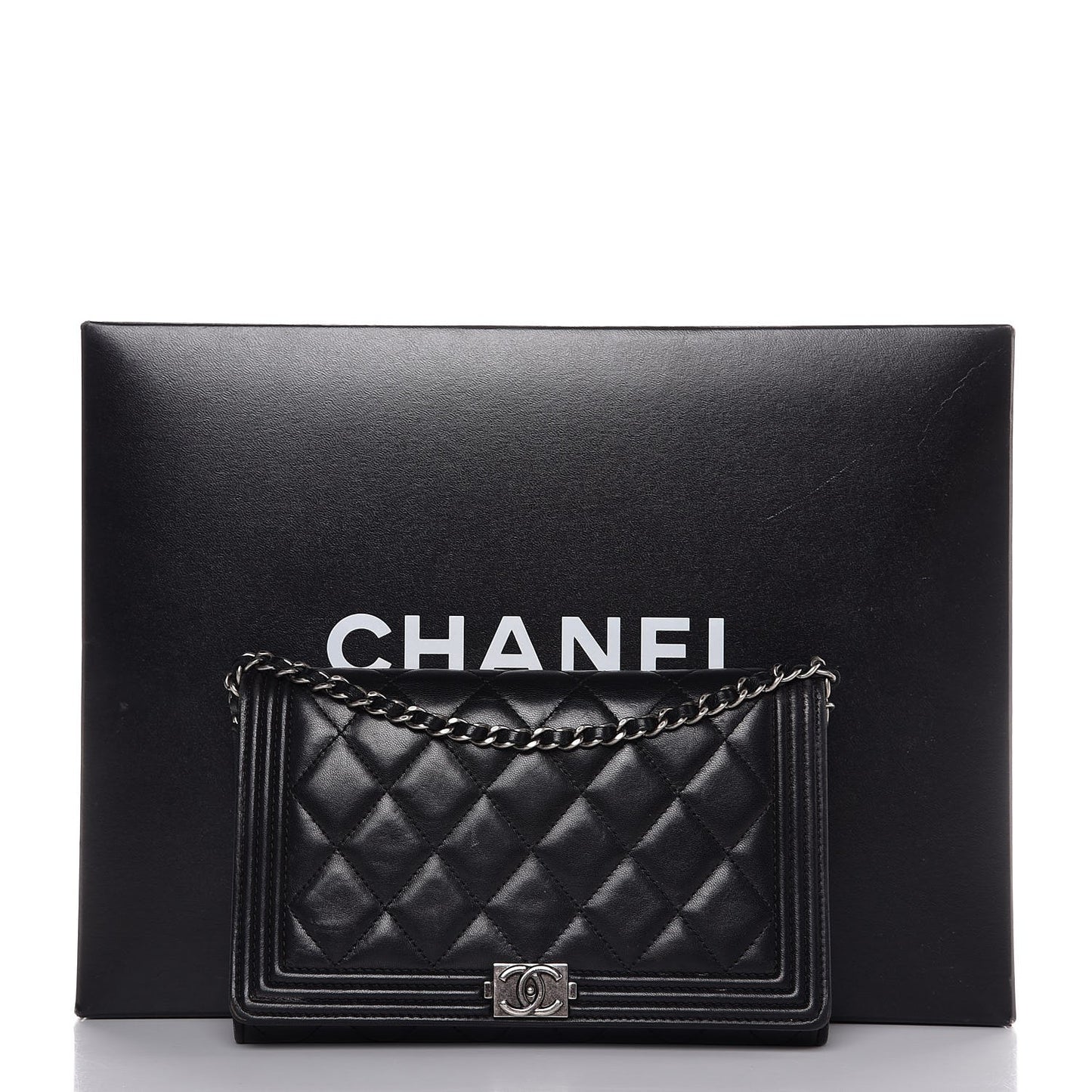Lambskin Quilted Boy Wallet On Removable Chain WOC Black