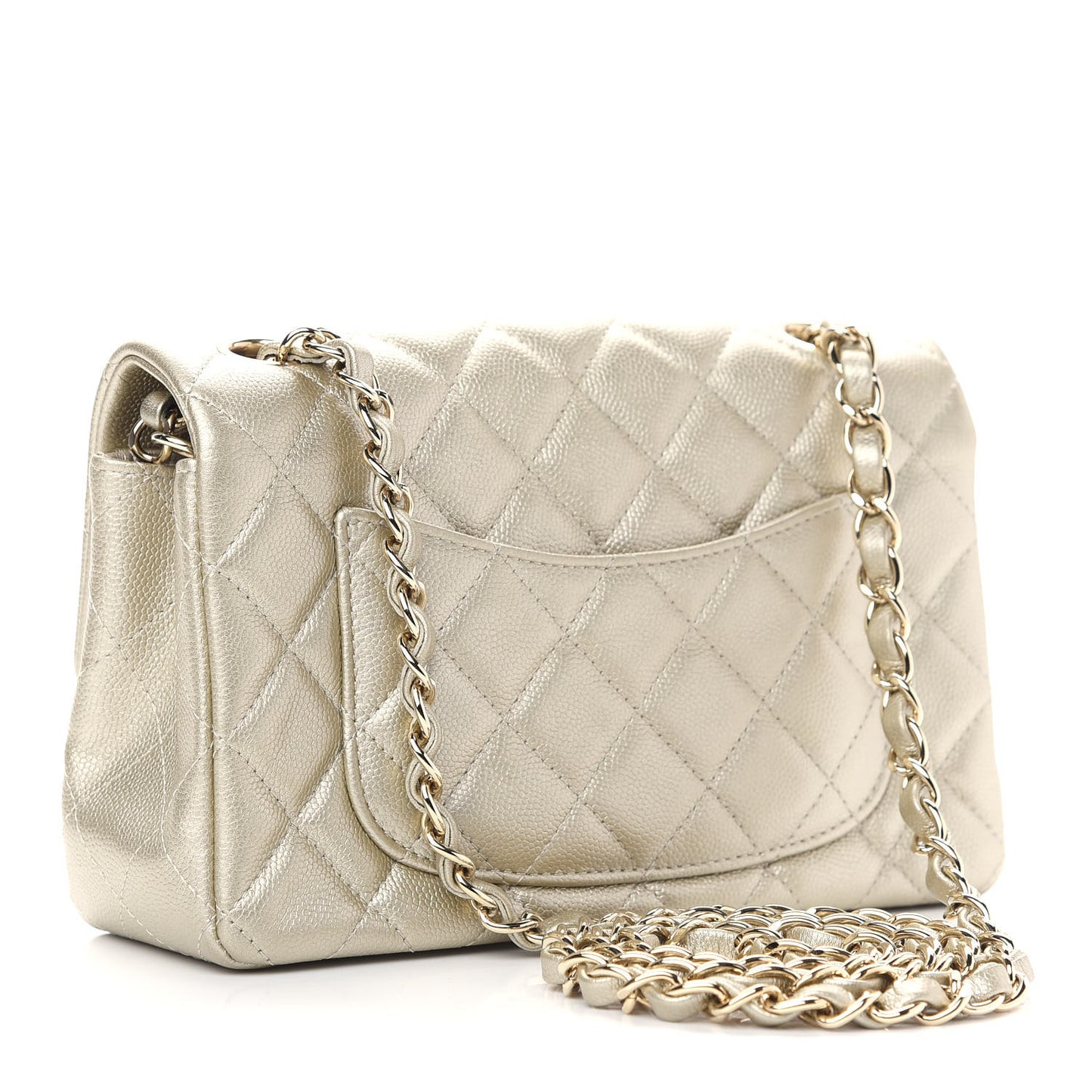 Metallic Caviar Quilted Mini Rectangular Flap Light Gold