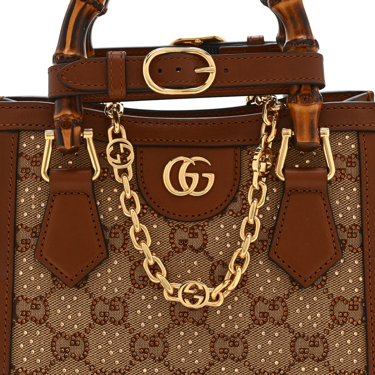 New Canvas Charisma Calfskin Crystal GG Monogram Mini Diana Tote Bag Camel Ebony