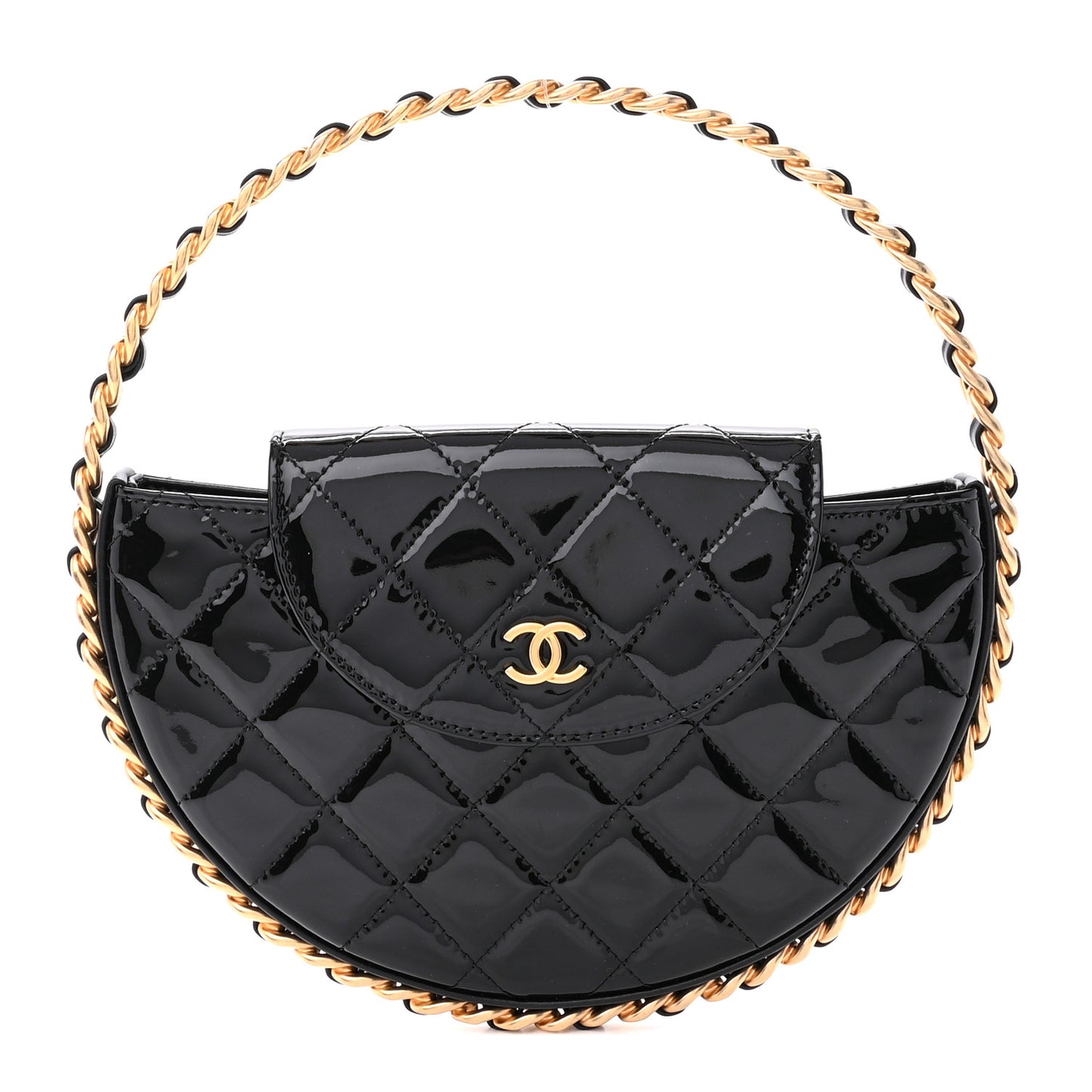 Patent Calfskin Quilted Chain Hoop Bag Black