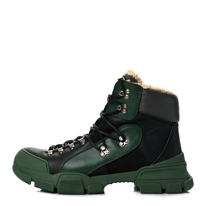 Gucci X SEGA Calfskin Suede Shearling Mens Flashtrek High-Top Sneakers 10 Black Olive Green 1 of 7