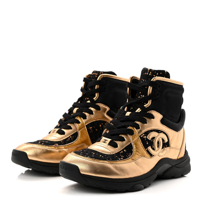 Chanel Satin Lambskin Fabric Tweed CC High Top Sneakers 39 Black Gold 4 of 9