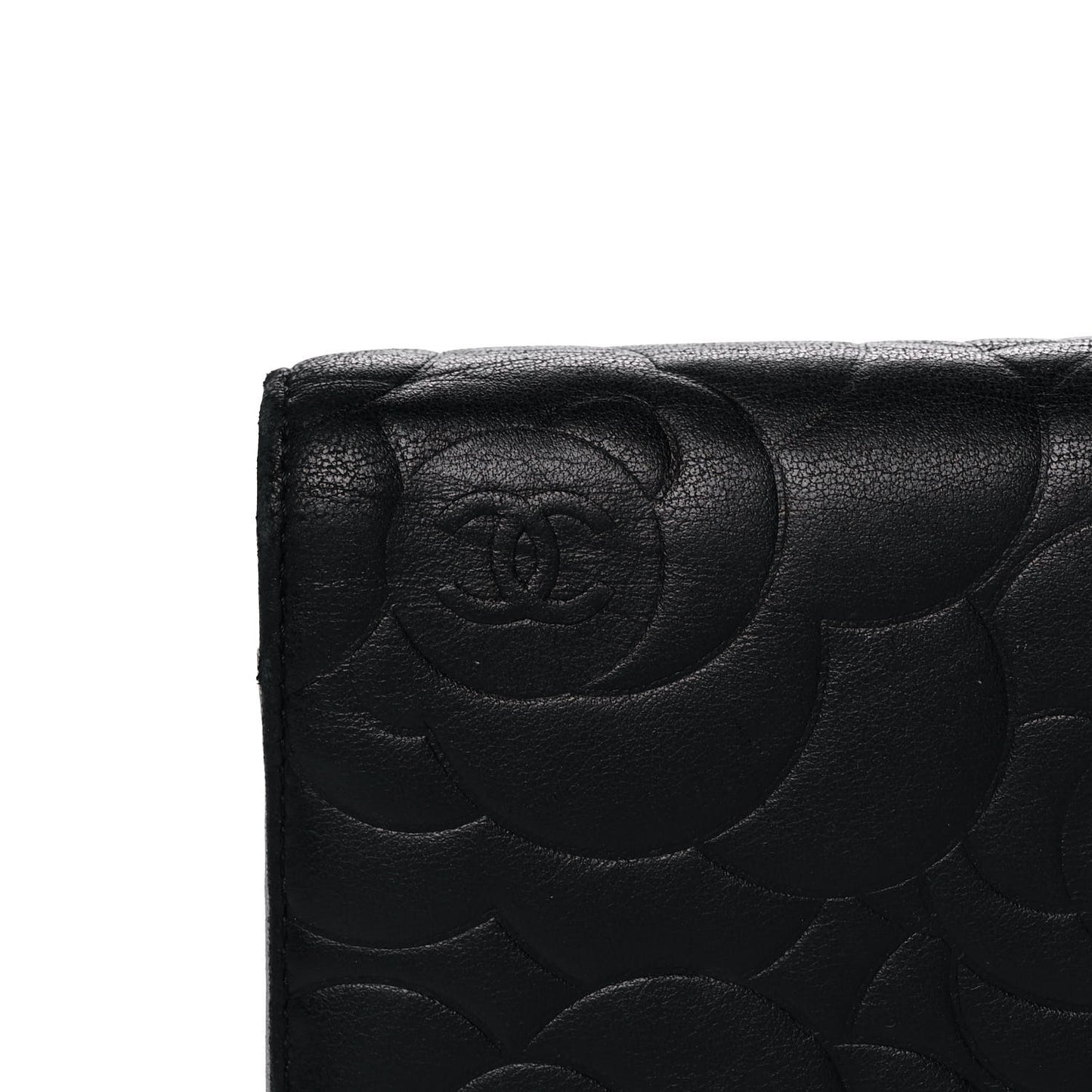 Lambskin Camellia Embossed Yen Wallet Black