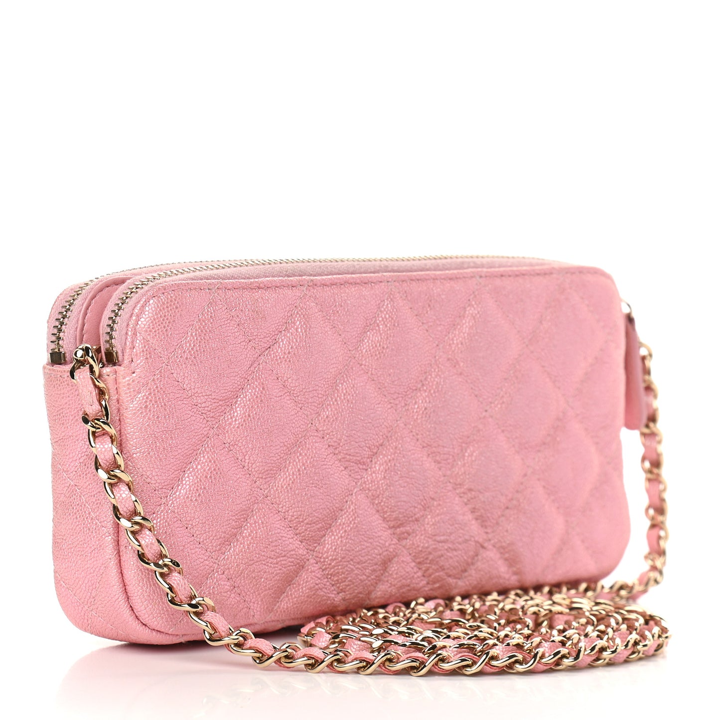 Iridescent Caviar Quilted Small Clutch With Chain Pink