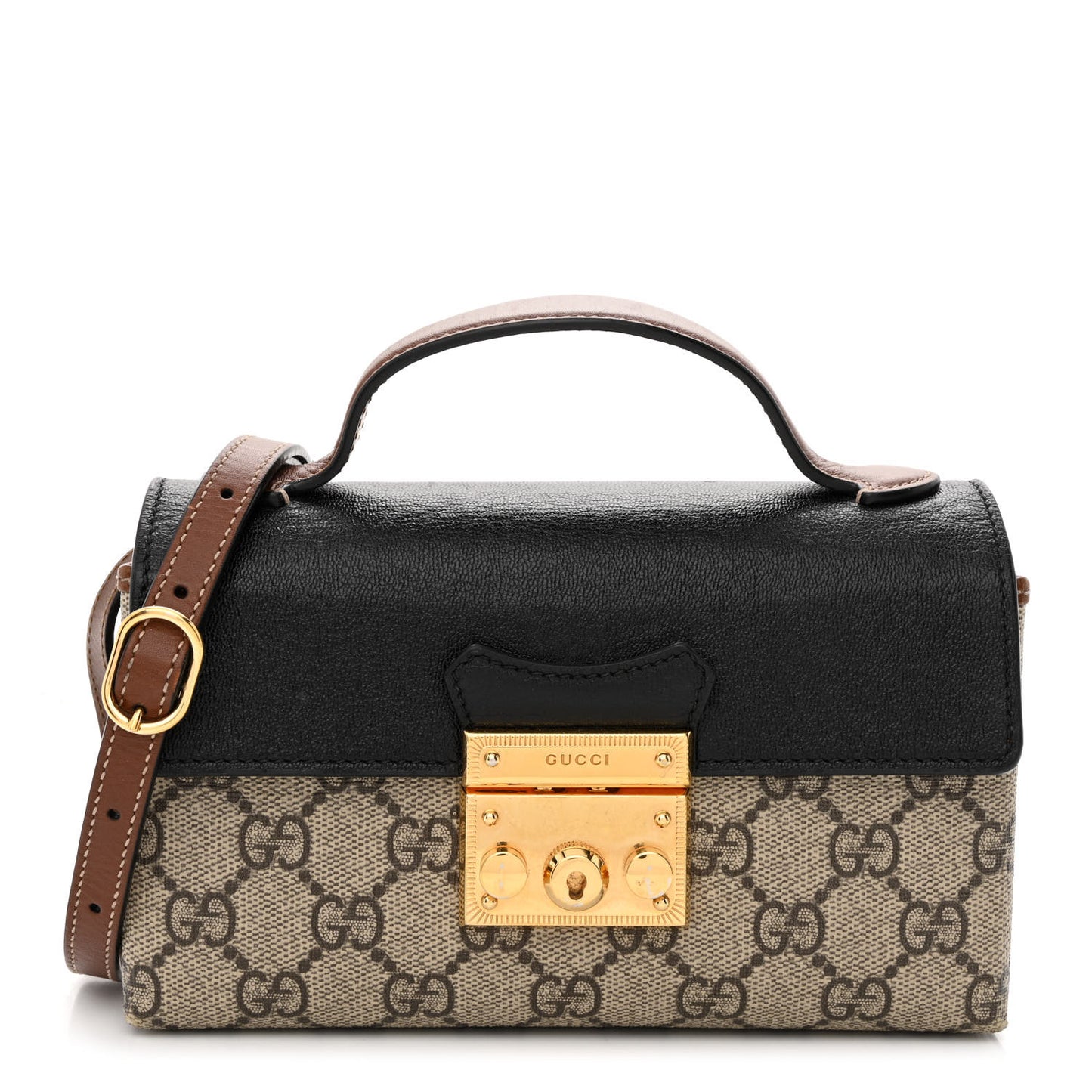 GG Supreme Monogram Calfskin Mini Padlock Top Handle Shoulder Bag Beige Black Cuir