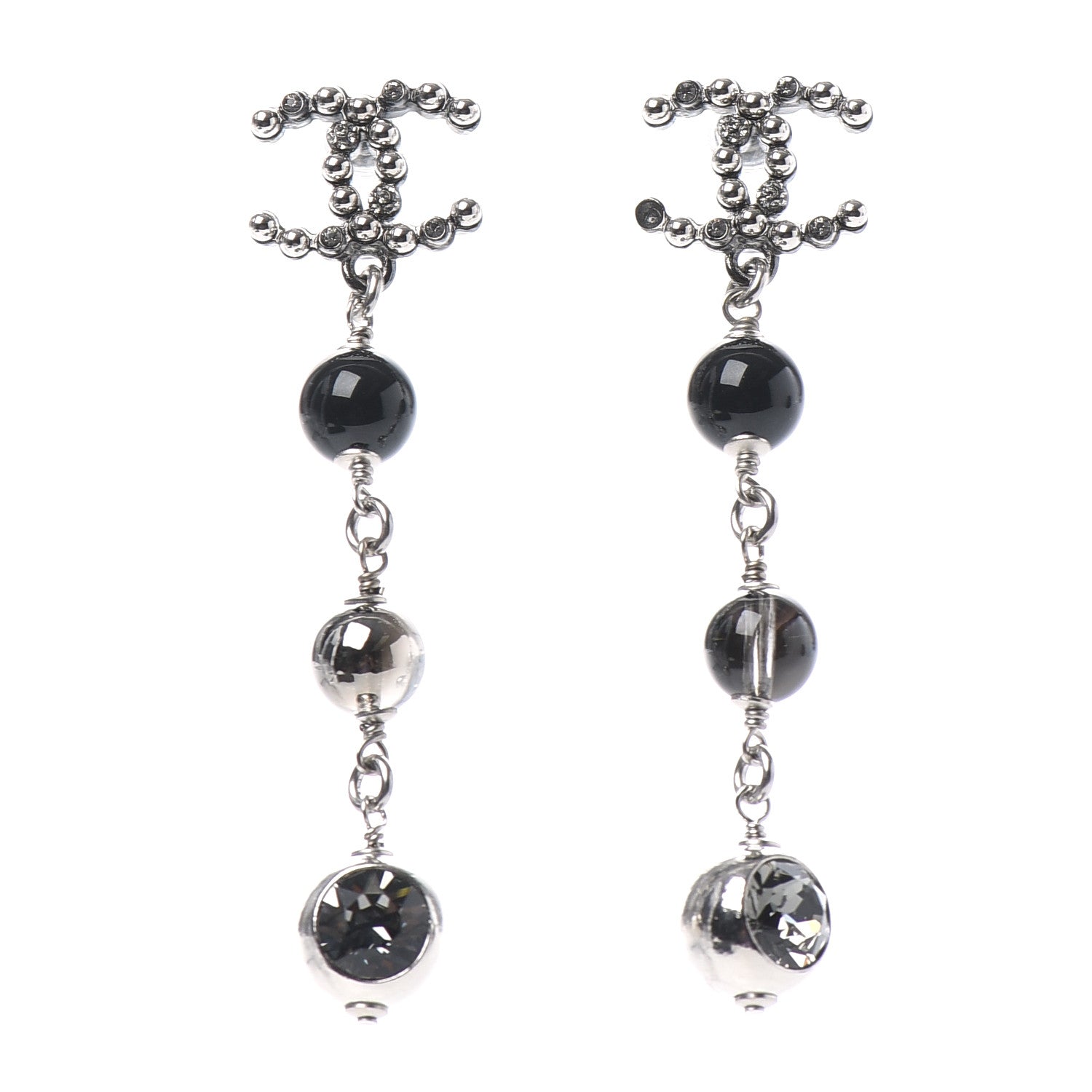 Chanel Bead Crystal CC Dangle Earrings Silver Black 1 of 5