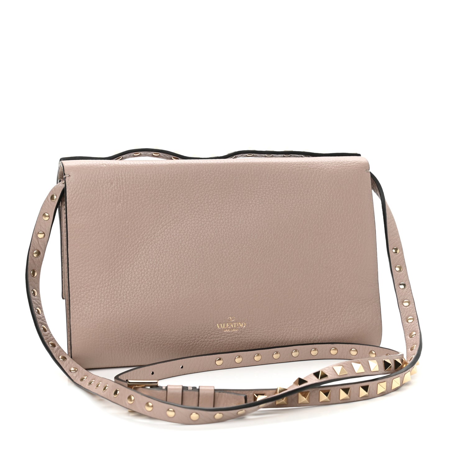 Grainy Calfskin Rockstud Double Flap Crossbody Bag Poudre
