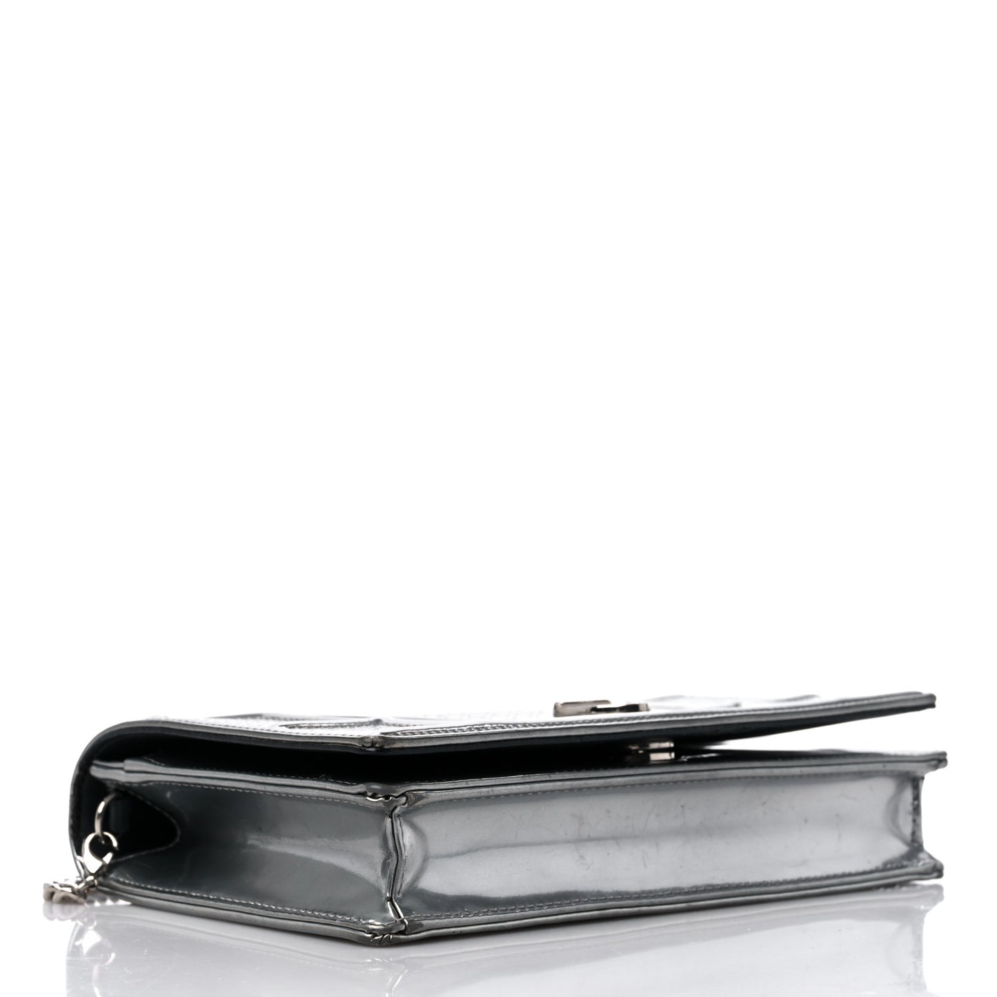 Metallic Patent Micro-Cannage Diorama Wallet on Chain Pouch Silver