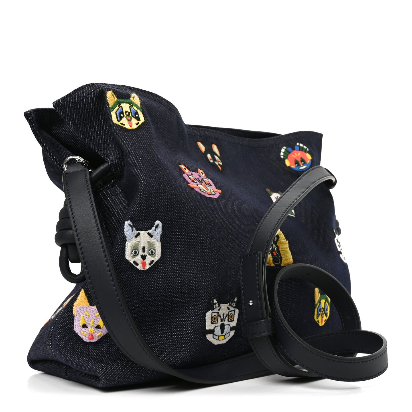 X Louis Wain Denim Embroidered Futurist Cats Medium Flamenco Knot Clutch Blue