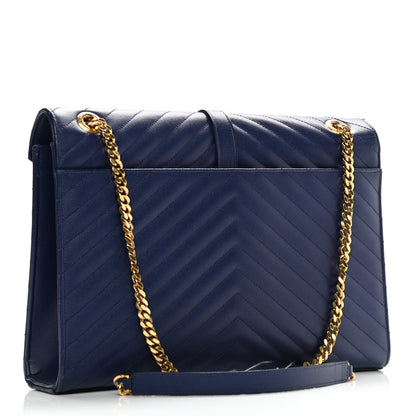Saint Laurent Grain De Poudre Matelasse Chevron Large Monogram Satchel Navy Blue 3 of 14