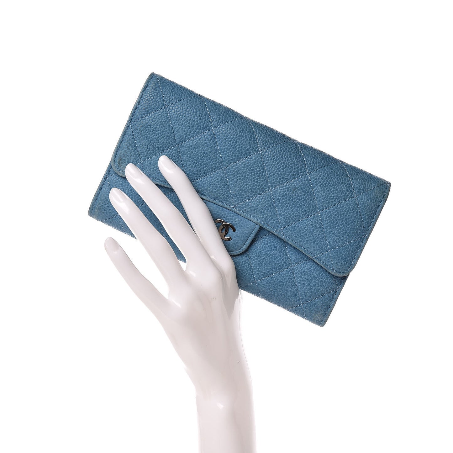 Iridescent Caviar Quilted Large Flap Wallet Blue