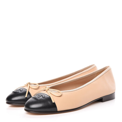 Chanel Lambskin Cap Toe Ballerina Flats 38.5 Beige Black 3 of 9