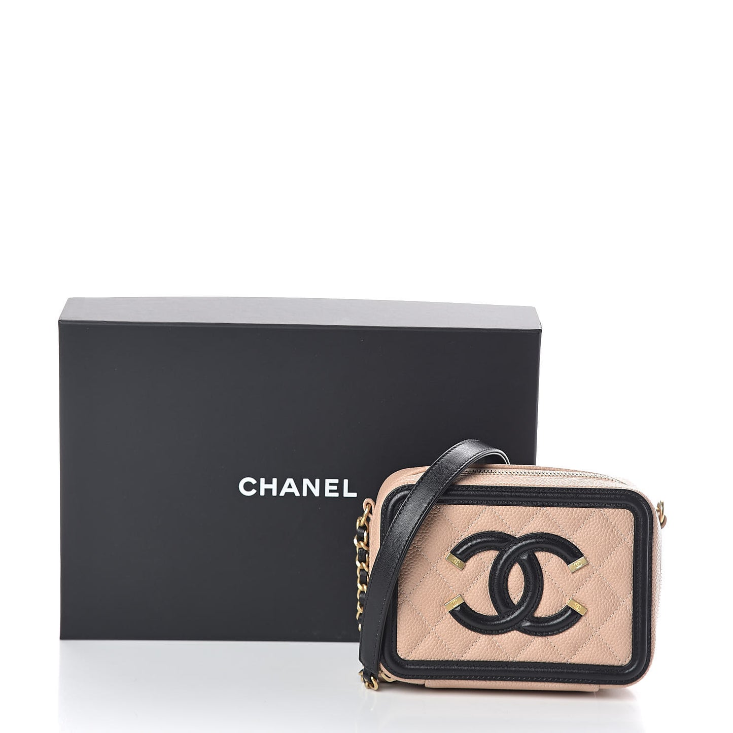 Caviar Quilted CC Filigree Vanity Clutch With Chain Beige Black
