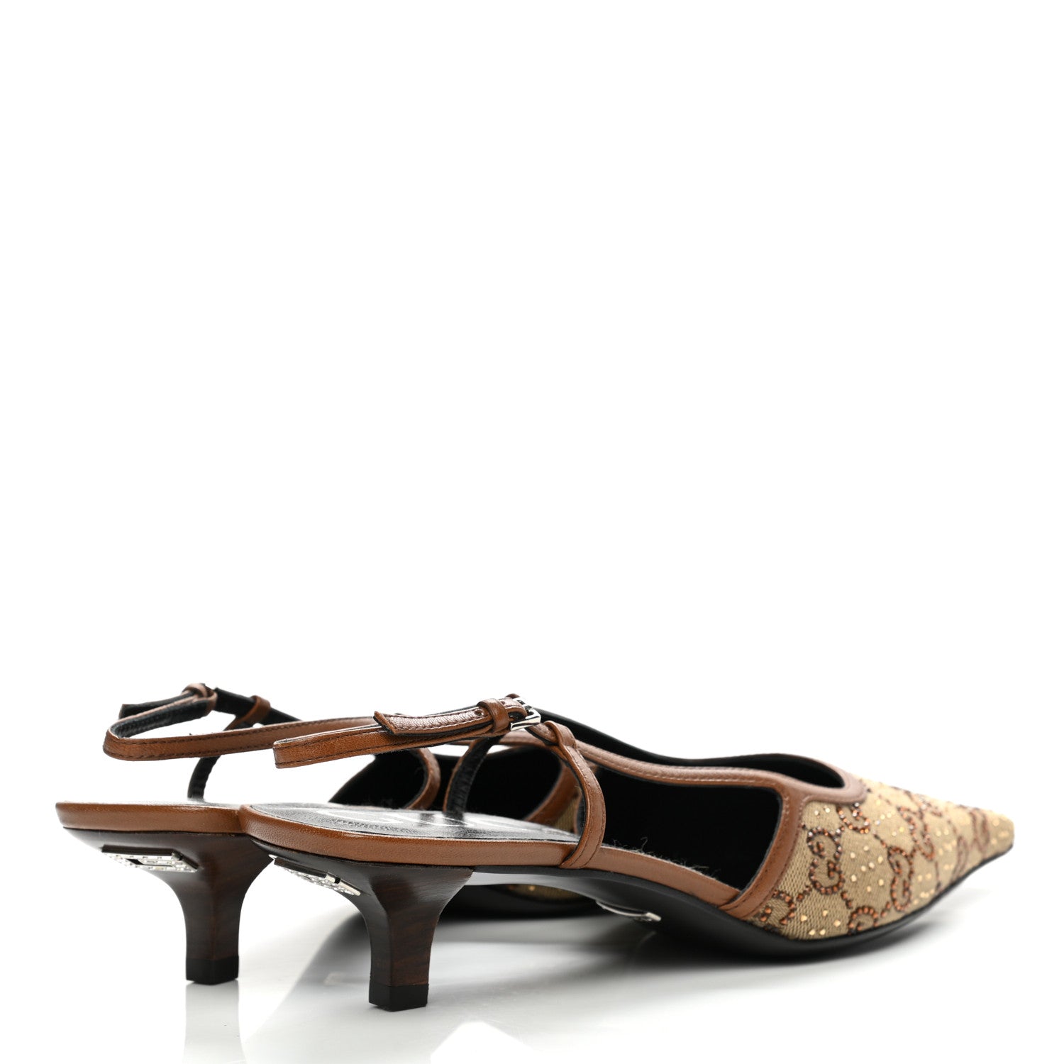 Gucci GG Monogram Malaga Kid Crystal Square G 35mm Slingback Pumps 40 Camel Ebony Cuir 4 of 8