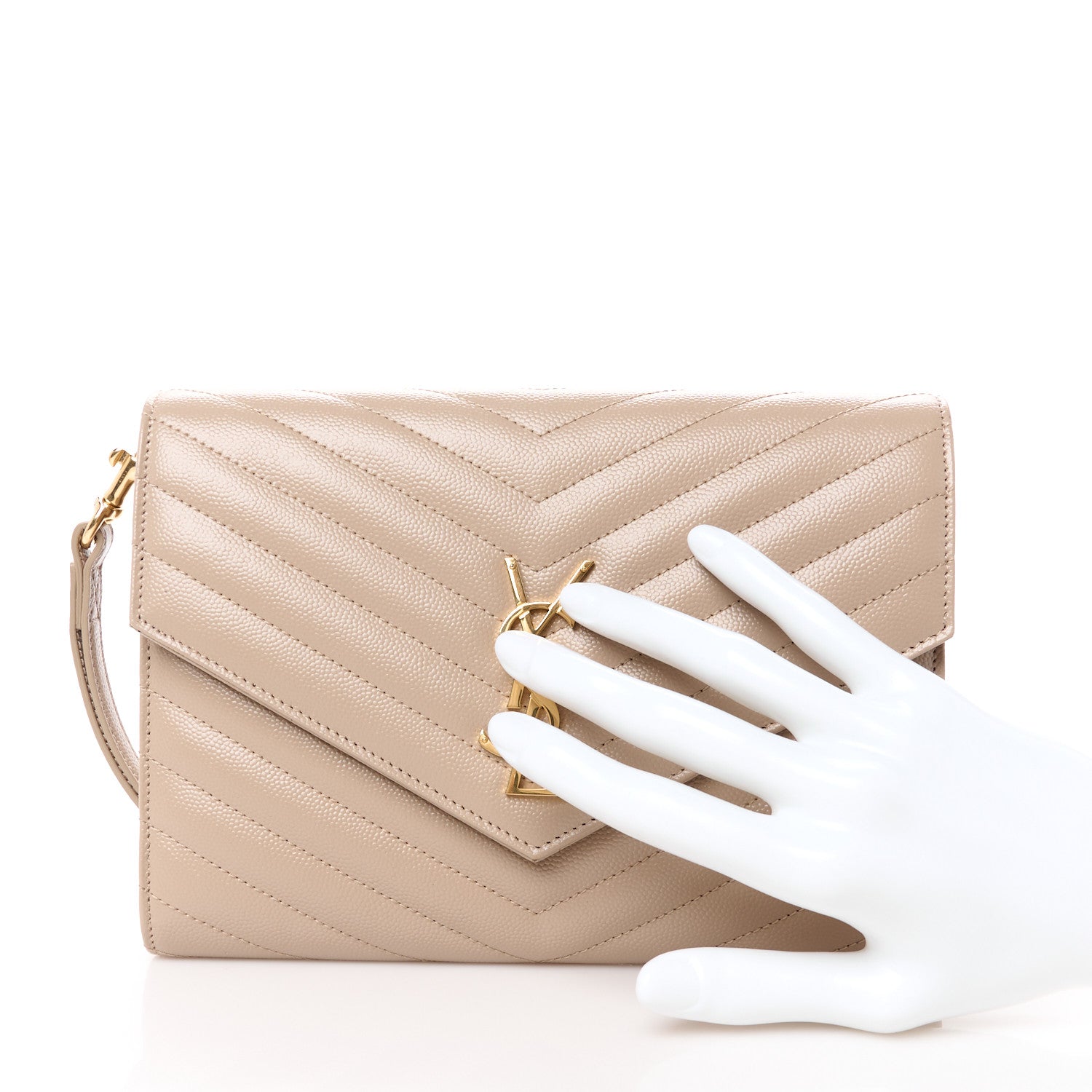 Saint Laurent Grain De Poudre Matelasse Chevron Monogram Envelope Clutch Dark Beige 2 of 10