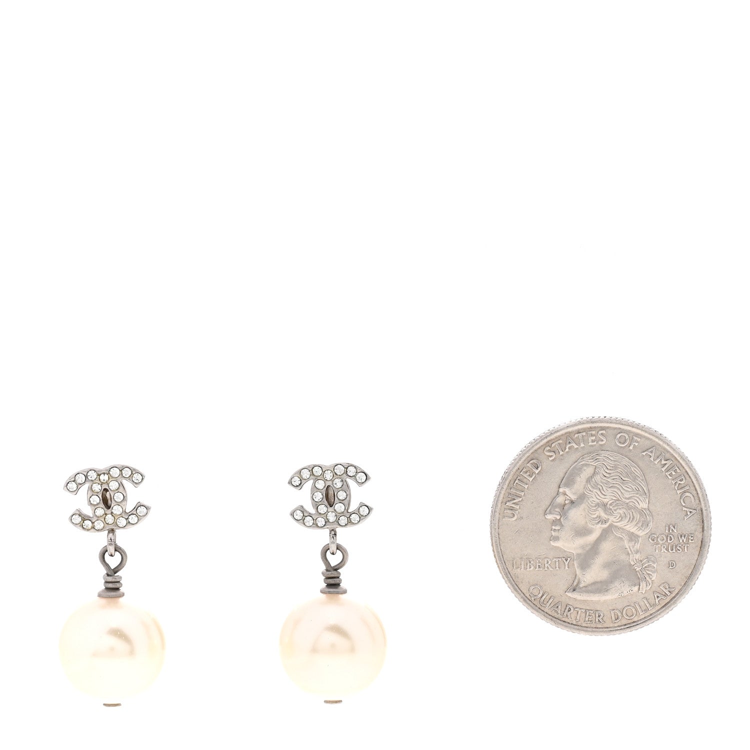Chanel Crystal Pearl CC Drop Earrings Silver Pearly White 2 of 4