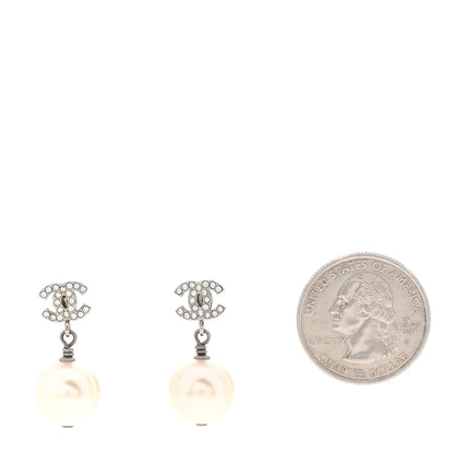 Chanel Crystal Pearl CC Drop Earrings Silver Pearly White 2 of 4