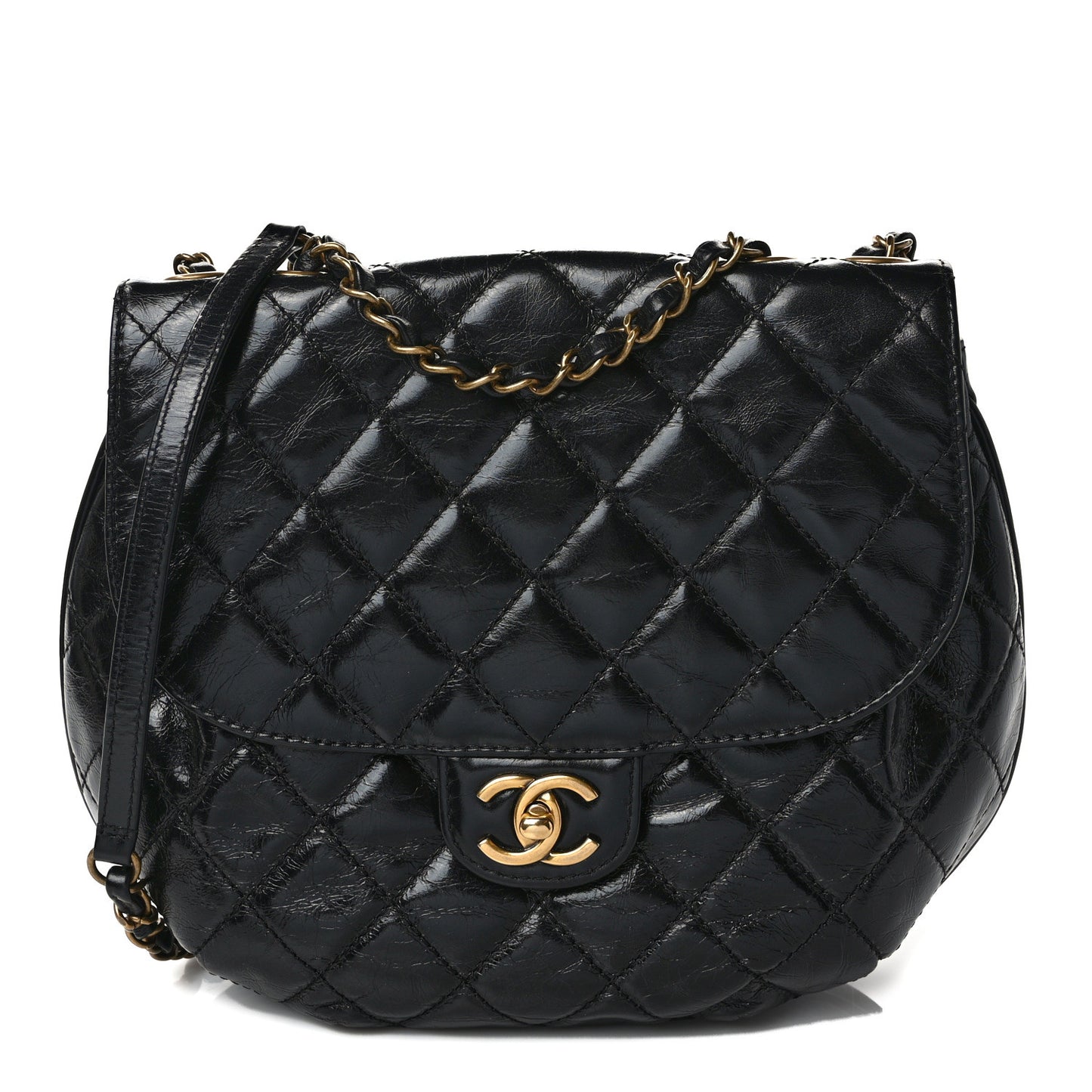 Glazed Calfskin Quilted Medium Bubble CC Flap Black