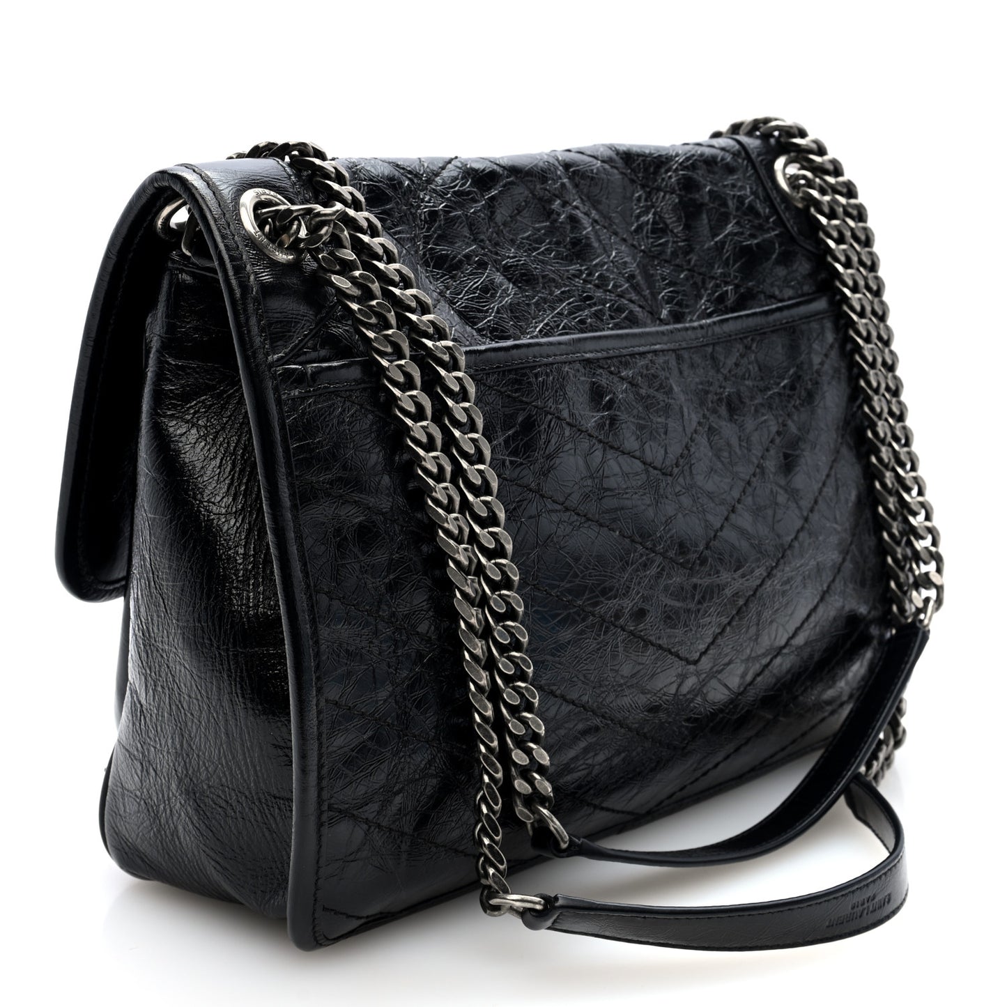 Crinkled Calfskin Matelasse Monogram Medium Niki Chain Satchel Black