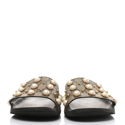Gucci GG Supreme Monogram Slide Pearls Sandals 39 Beige 2 of 9