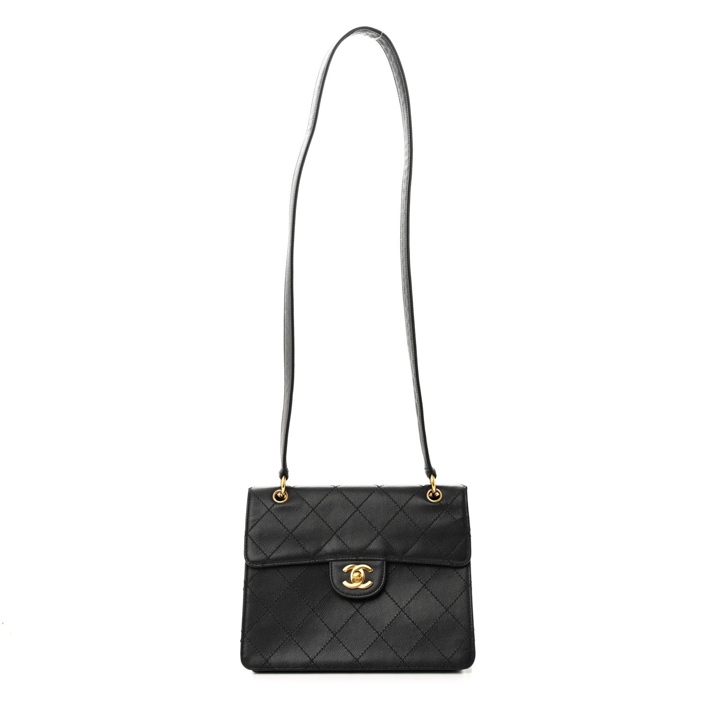 Caviar Diamond Stitched Square Flap Shoulder Bag Black